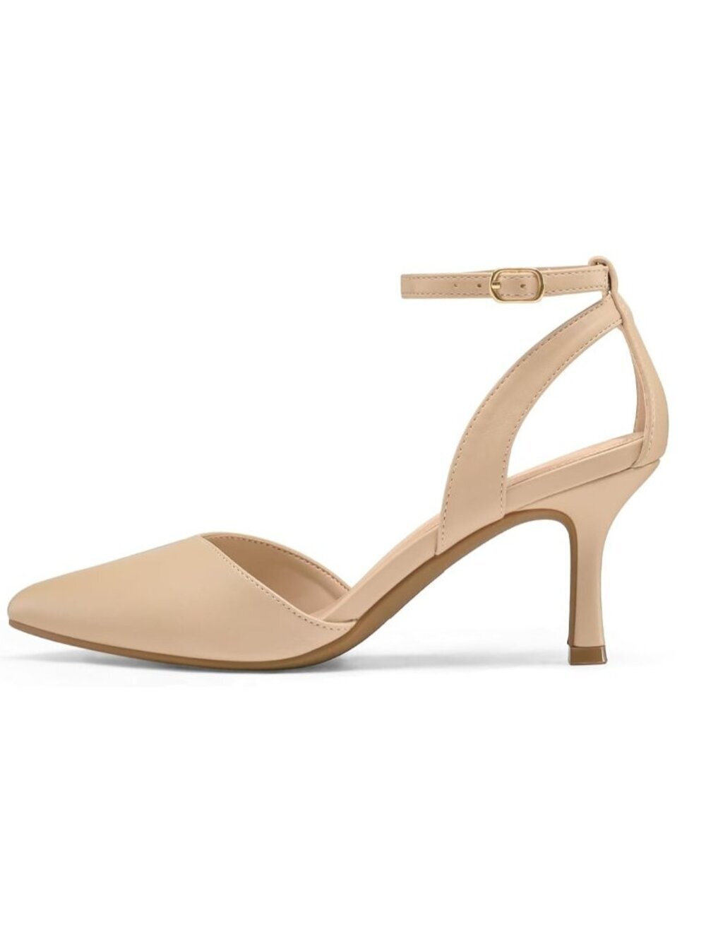 Women's Nude Pu Pumps Shoes Pointed Toe Kitten Low Heels Ankle Strap